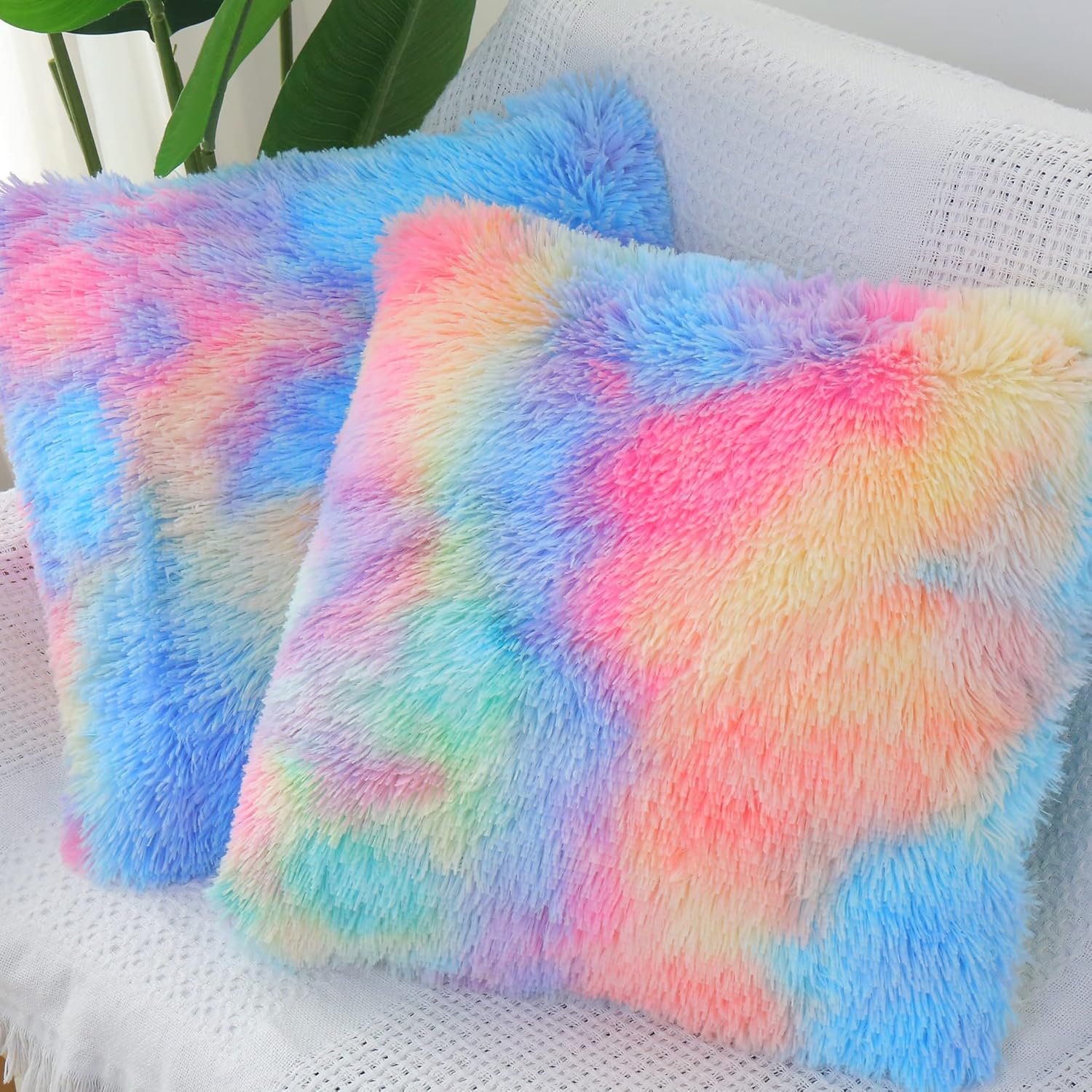 Almohadas esponjosas para decoración de habitación de niña para cama, funda de almohada suave de piel sintética para sofá rosa arcoíris, juego de 2