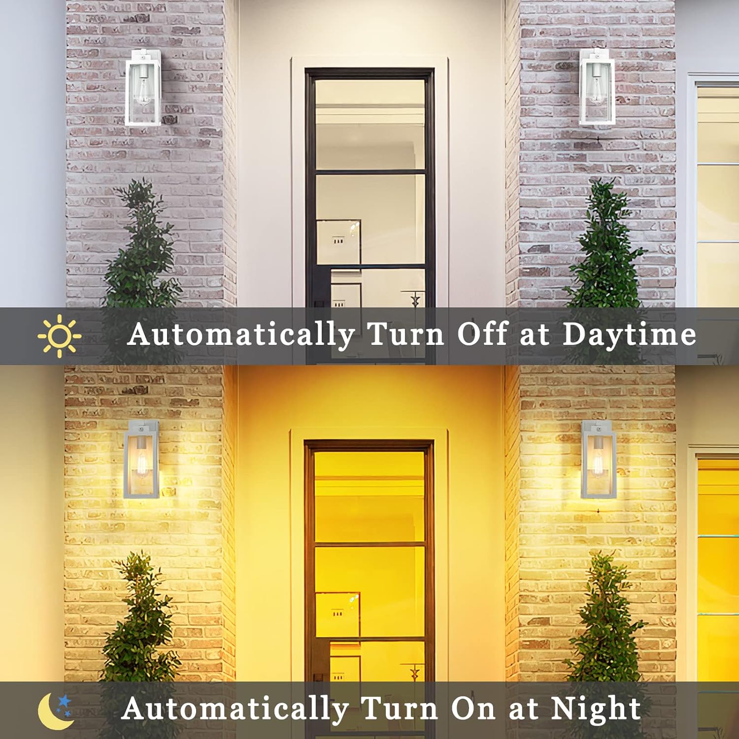 zeyu ZW27BS-P+G WH – Iluminación de pared exterior con sensor de atardecer a amanecer, aplique de pared exterior con salida GFCI integrada, aluminio