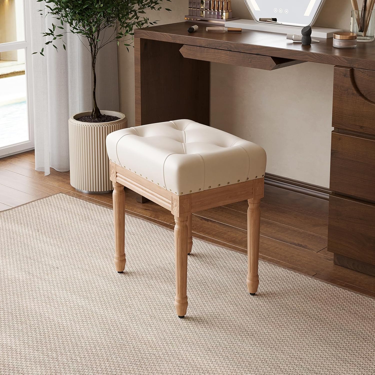 Taburete otomano de 19 pulgadas para dormitorio, silla de tocador copetuda para sala de maquillaje, taburete otomano de piel sintética con marco de