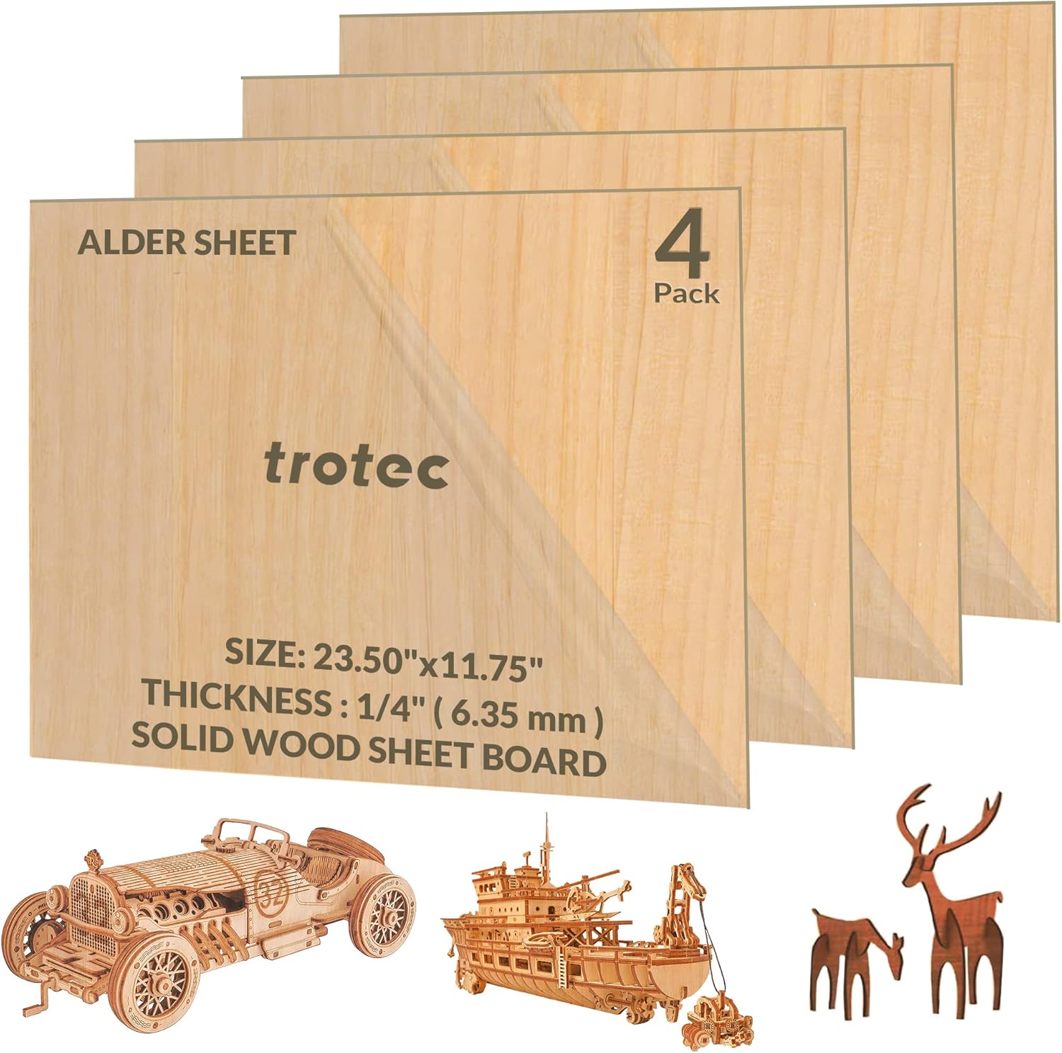 Trotec Tablero de hojas de madera maciza de aliso, 4 piezas, lijado y barnizado, acabado mate, 23.50 x 11.75 x 14 pulgadas, madera dura para corte y