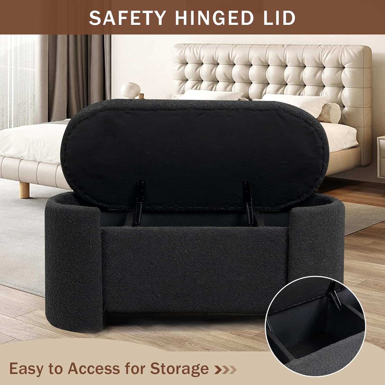 DecoraFlex Boucle Banco de almacenamiento negro, banco otomano tapizado moderno de 43.4 pulgadas, extremo de cama con bisagra de seguridad, banco