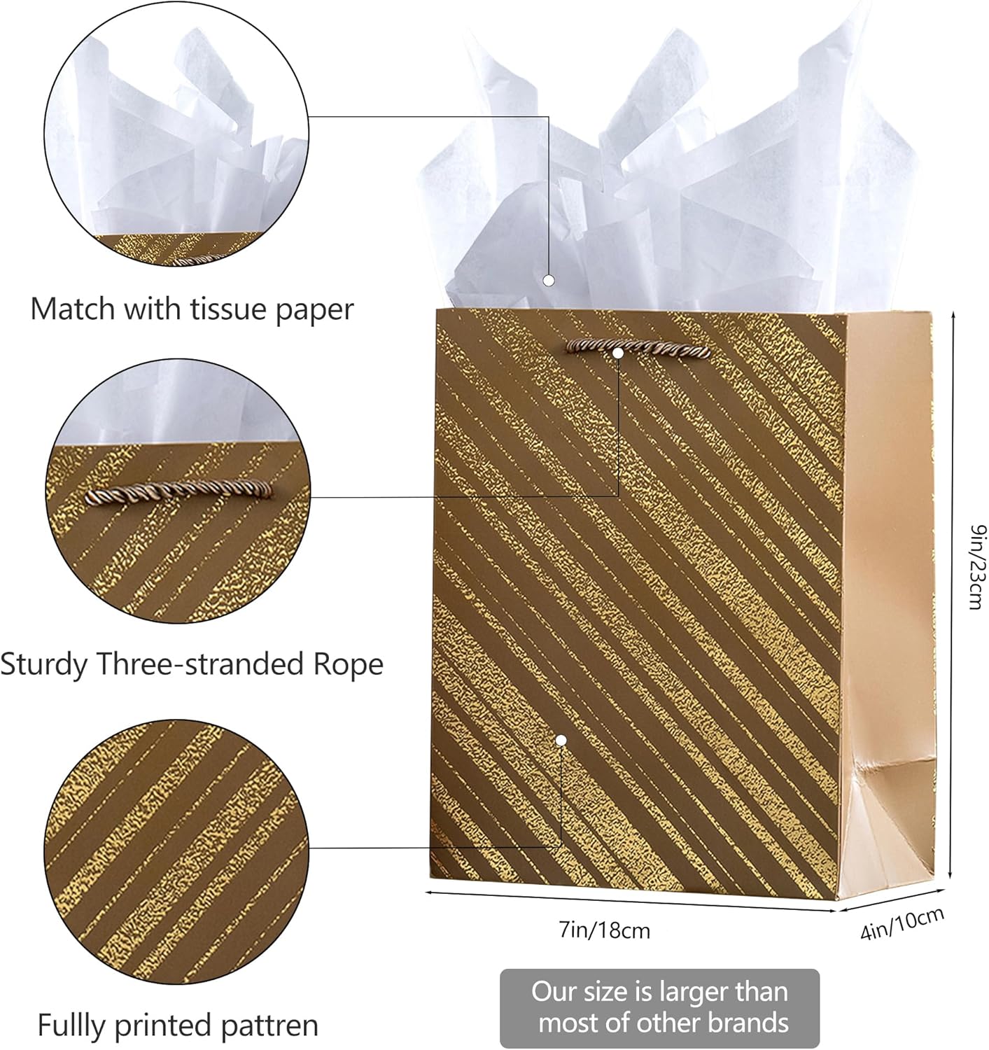 SHIPKEY Paquete de 4 bolsas de regalo pequeñas con papel de seda, 7 x 4 x 9 pulgadas, surtido de bolsas de papel de aluminio dorado, bolsas