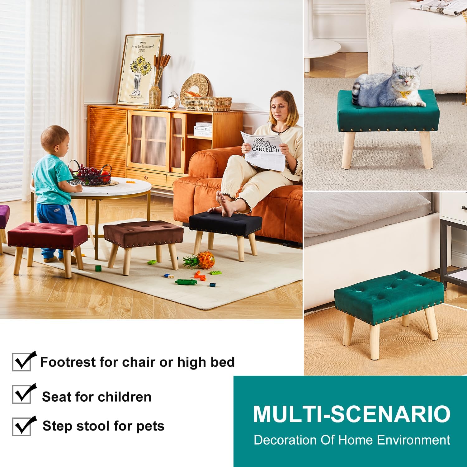 Cpintltr Reposapiés pequeño otomano, otomano suave remachado de terciopelo con patas de madera, sofá reposapiés adicional para sala de estar,
