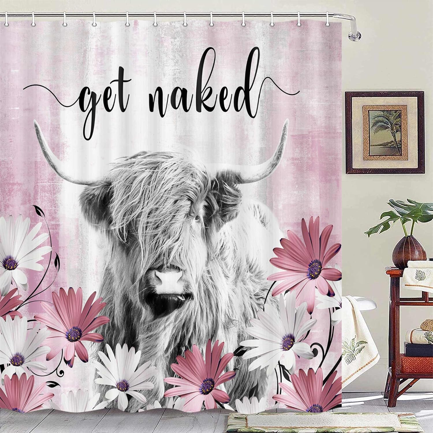 Juego de cortinas de ducha divertidas de vaca de las tierras altas, cortinas de ducha divertidas para baño con diseño de vaca rústica, tela de