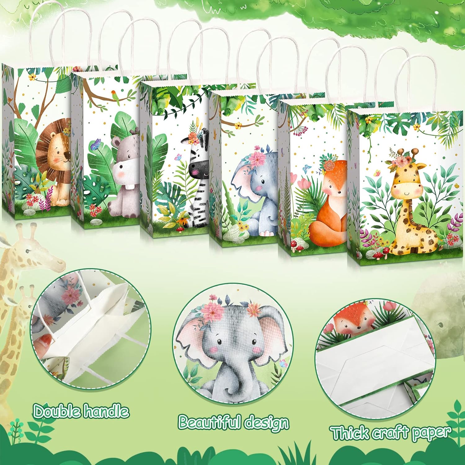 Bolsas de golosinas de safari con asas de animales de la selva, bolsas de regalo con estampado de animales del zoológico, bolsas de dulces del