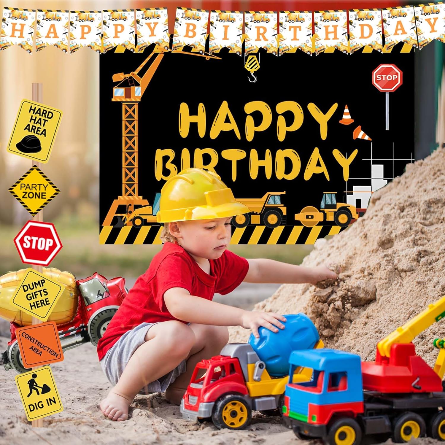 157 piezas de decoración de fiesta de cumpleaños de construcción, camión volquete de Hombae excavadora, tema de zona de cumpleaños, telón de fondo,