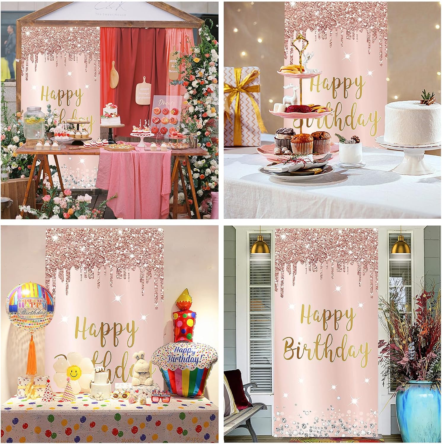 Cartel decorativo de puerta de cumpleaños para mujer, cartel de puerta de telón de fondo, letrero de feliz cumpleaños de oro rosa, suministros de