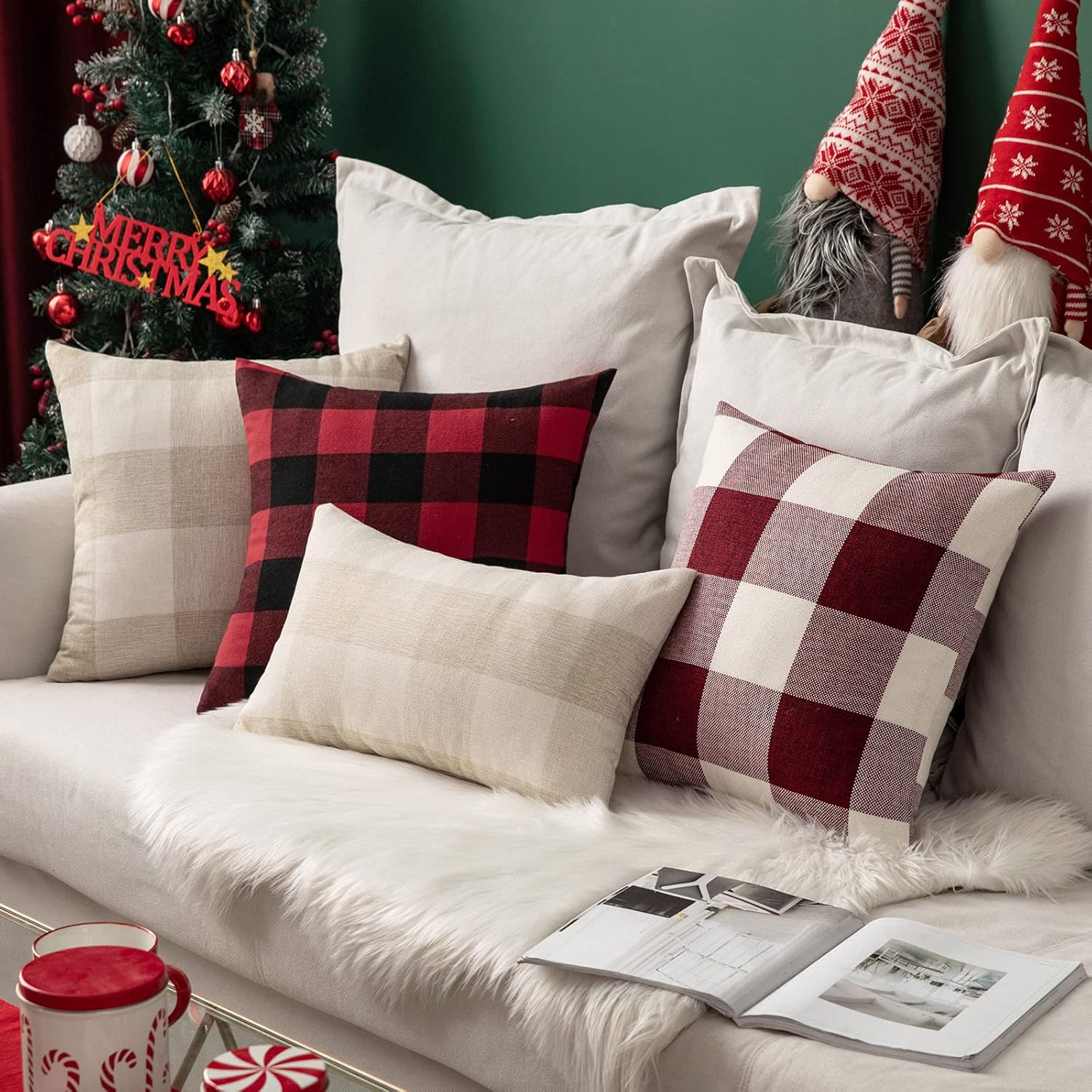 MIULEE – Paquete de 2 fundas de almohada decorativas clásicas de Navidad a cuadros retro de lino de poliéster suave sólido negro y rojo para
