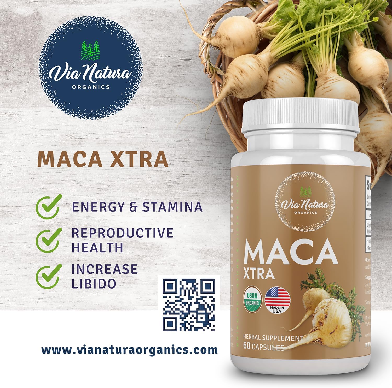 Via Natura Organics Maca Xtra Cápsulas 1000mg  Suplemento de hierbas orgánicas  Fuente natural de aminoácidos hierro y magnesio  60 cápsulas