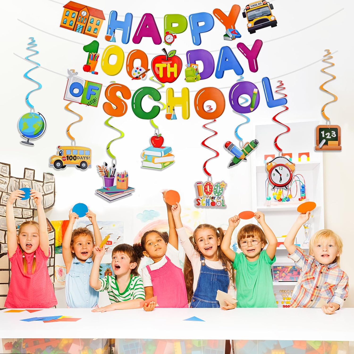 Abitoncc Decoración colorida para fiesta de 100 días de escuela, cartel de celebración de 100 días de escuela, espirales colgantes para aula,