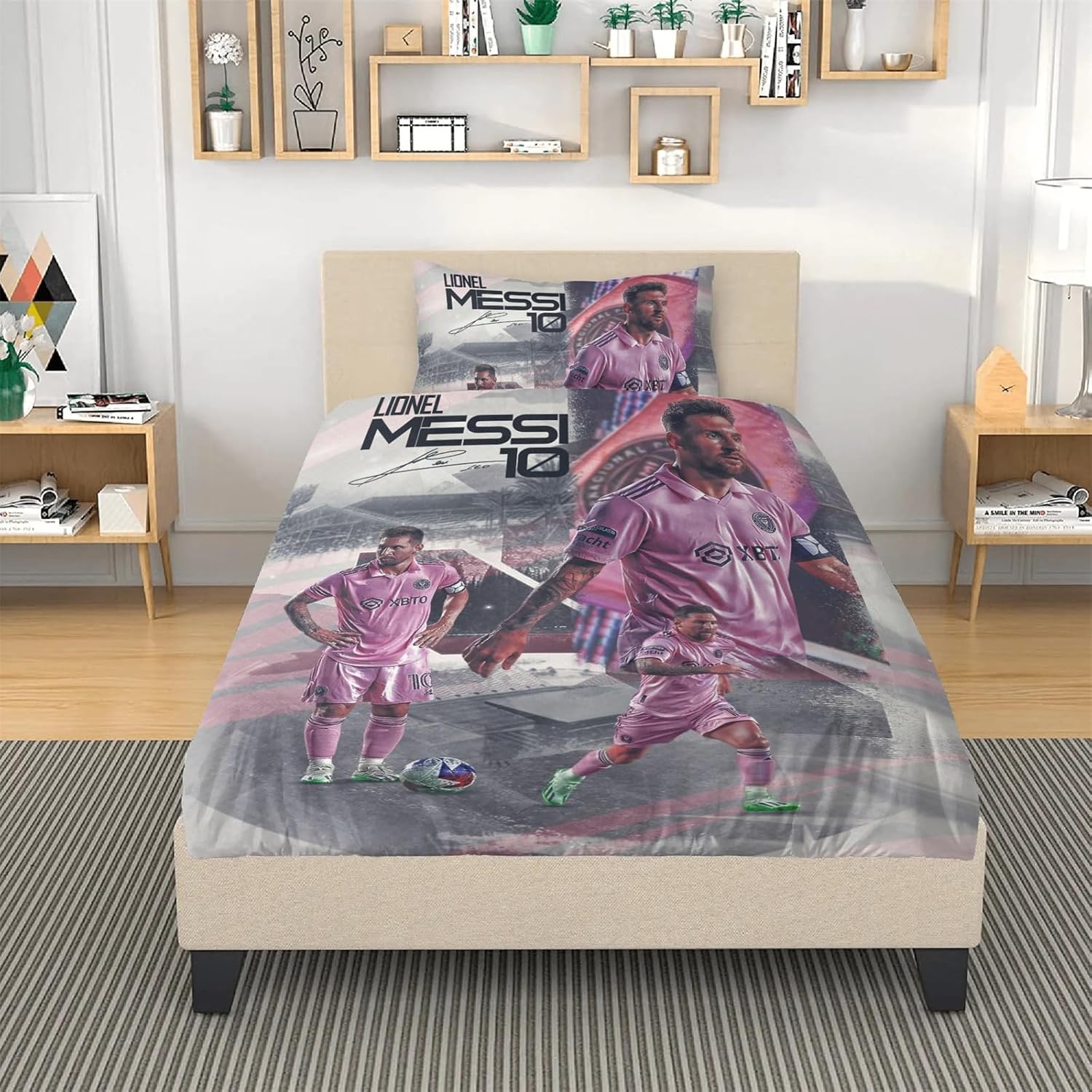 Juego de funda de edredón de fútbol Miami para niños, tamaño matrimonialqueen, 3 piezas, ropa de cama rosa ultra suave, juego de funda de edredón de