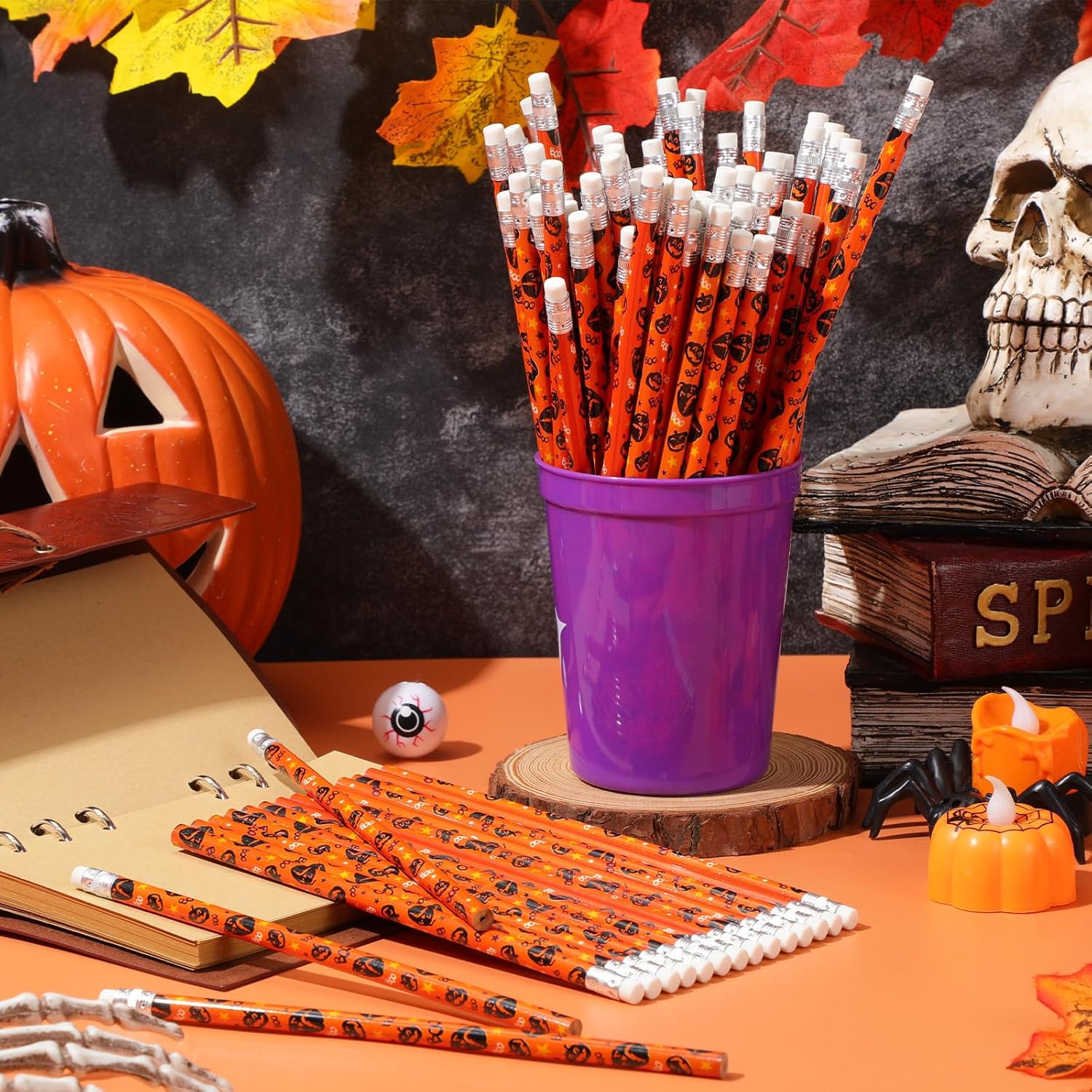 300 lápices de Halloween con borrador, cráneo, araña, fantasma, calabaza, lápices de madera con temática de Halloween, lápices de dibujo de madera