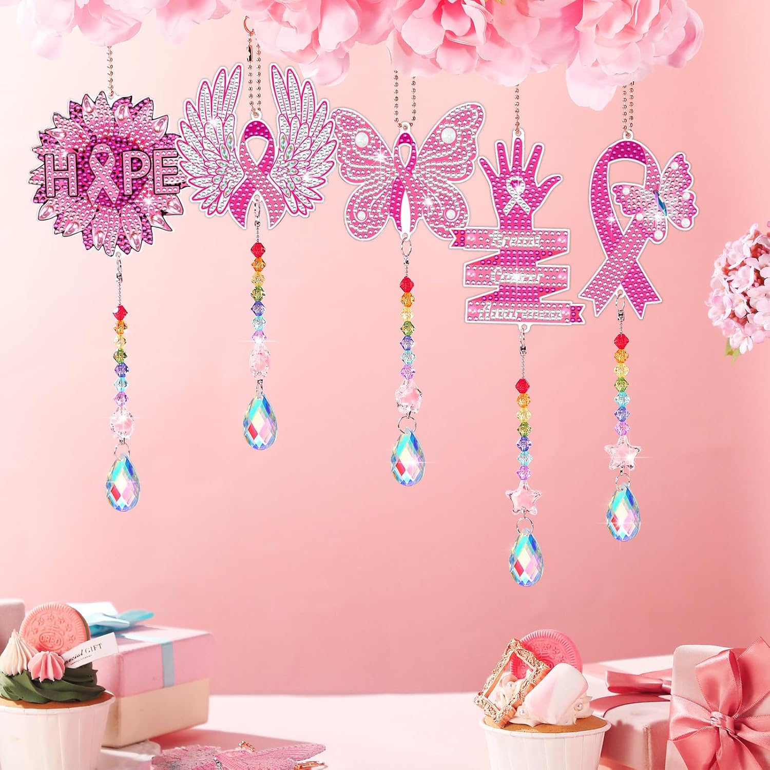 Tradder Juego de 6 piezas de pintura artística de diamante, campanillas de viento, concienciación sobre el cáncer de mama, kit de pintura de arte de
