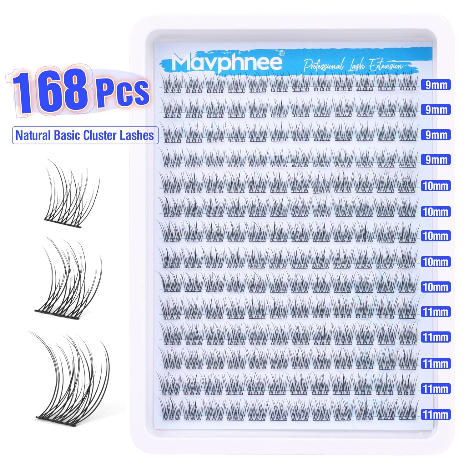 Kit de pestañas naturales en racimo, 168 unidades, extensiones de pestañas onduladas, rizo CC, 0.354-0.433 in, extensiones de pestañas de longitudes