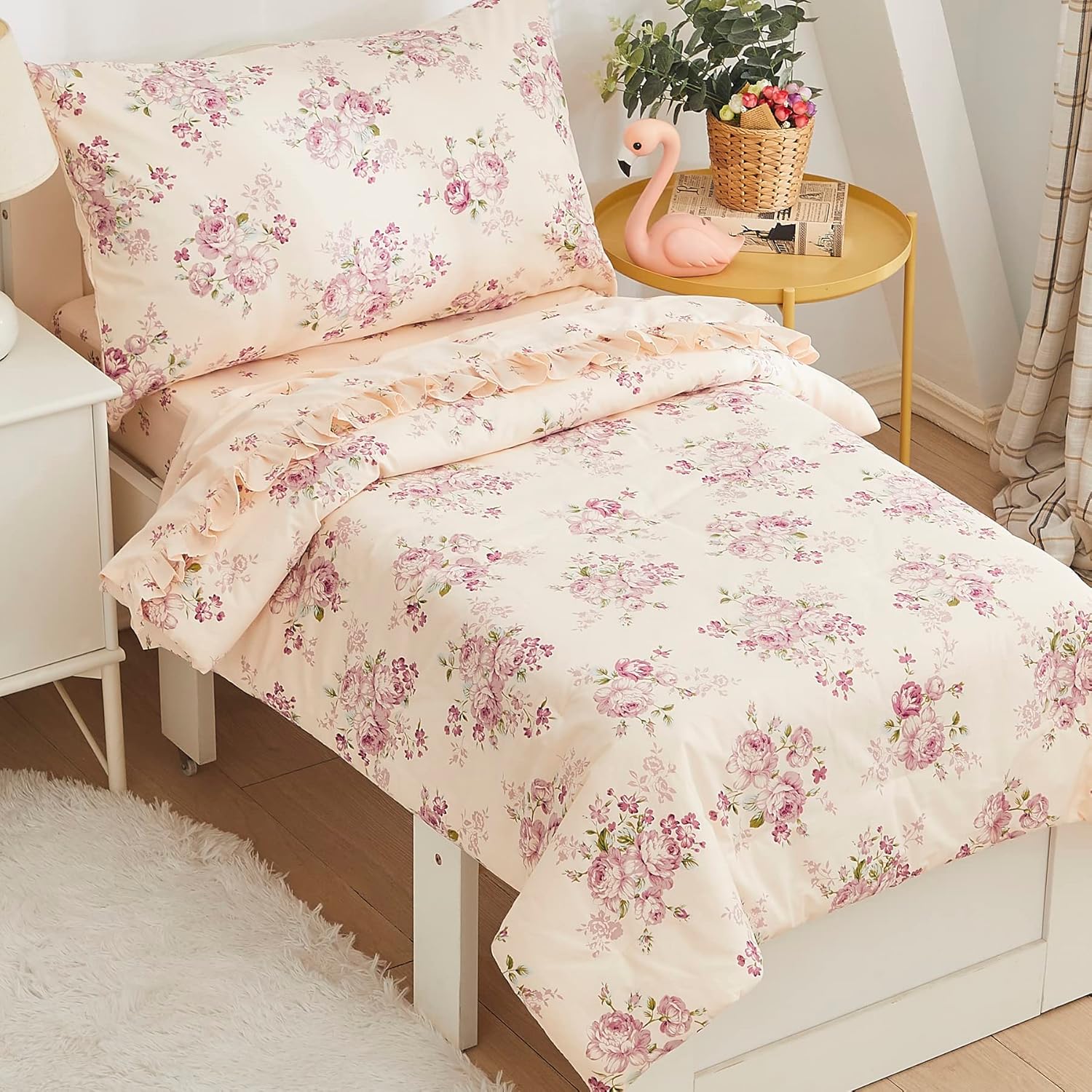 Brandream Juego de ropa de cama para niñas pequeñas, juego de sábanas de 4 piezas en una bolsa, ropa de cama de princesa para niños con sábana