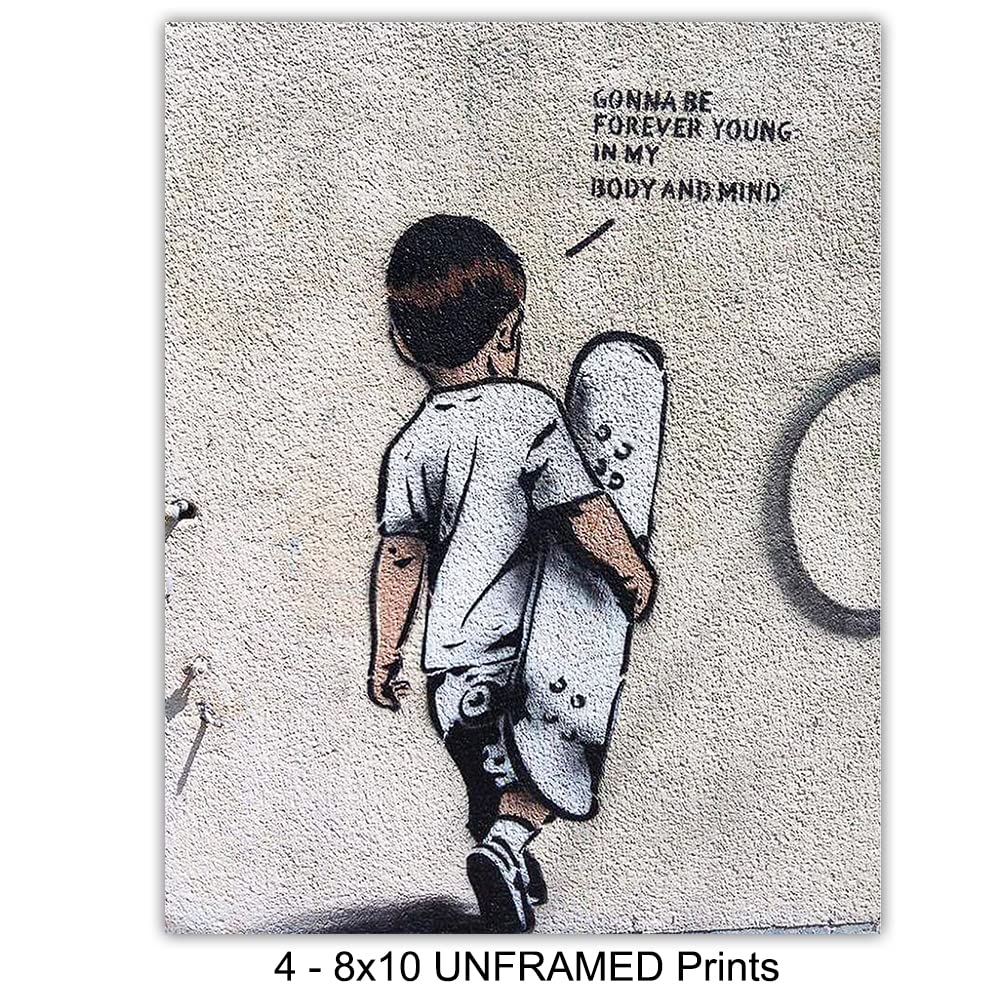 Banksy Posters Set – 8×10 Urban Graffiti Wall Art – Wall Mural Set – Mural Wall Art – Fallen Angel, Forever Young – Teen Room Decor – Dorm Wall