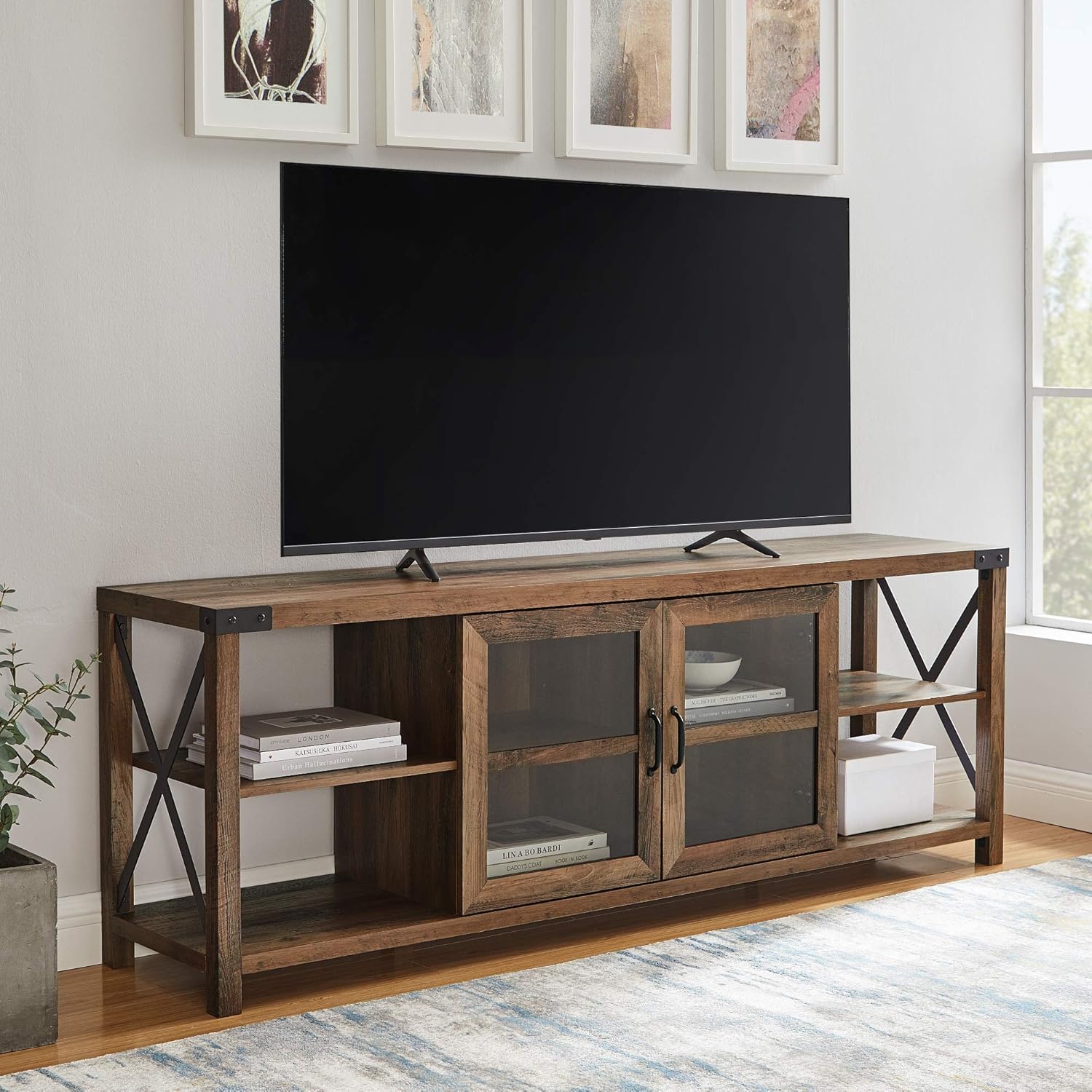 Walker Edison – Mueble de almacenamiento moderno, estilo casa de campo, de metal y madera, con laterales en X, para sala de estar, para TV de hasta