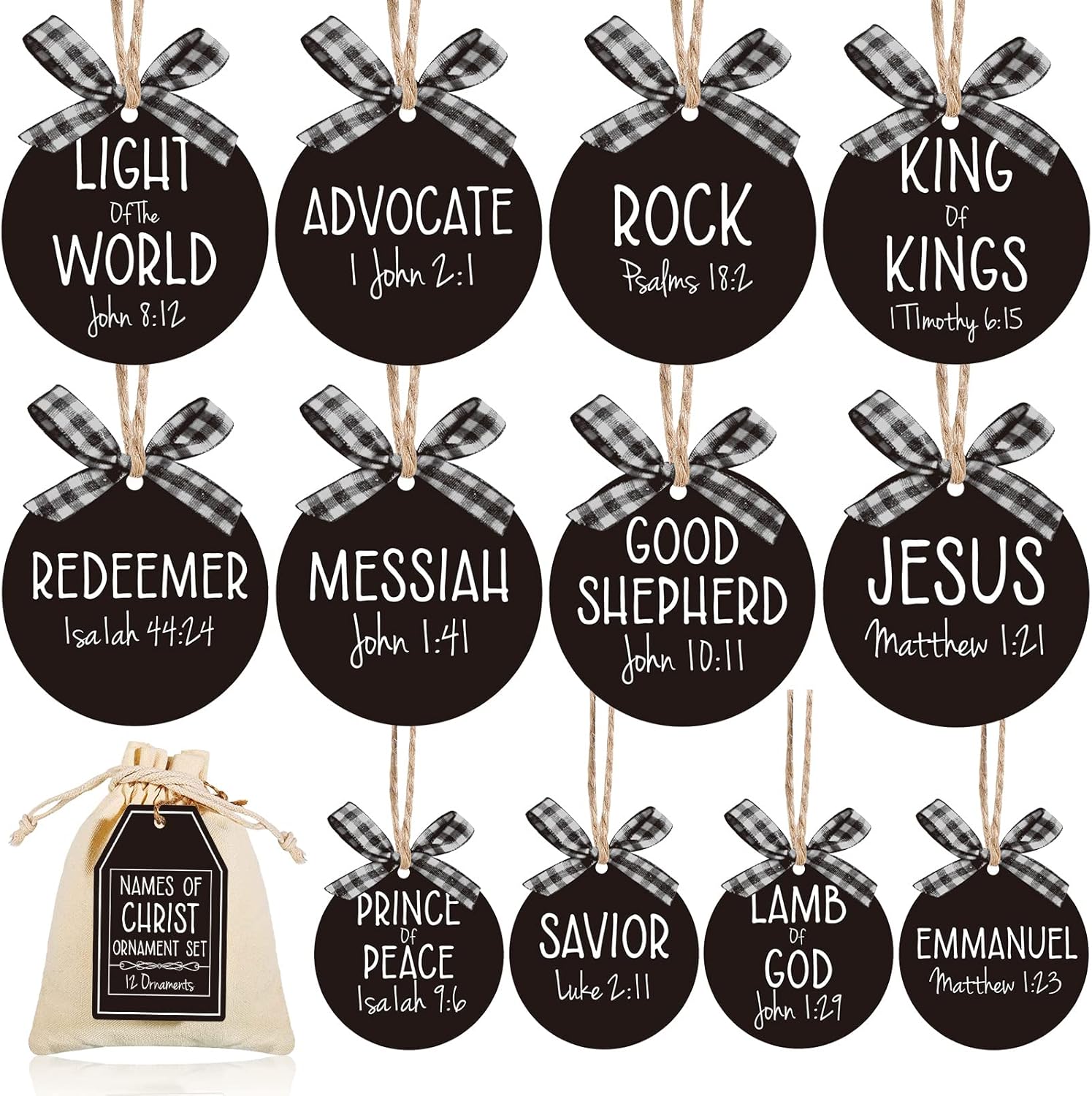 12 piezas de adornos navideños con nombres de Cristo, adornos colgantes de madera con nombres de salvador, adorno para árbol de Navidad con bolsa de