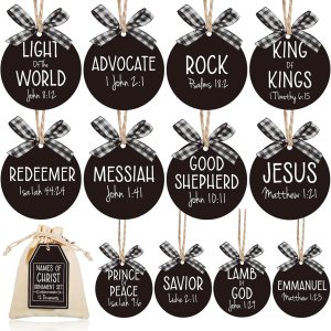 12 piezas de adornos navideños con nombres de Cristo, adornos colgantes de madera con nombres de salvador, adorno para árbol de Navidad con bolsa de 12 piezas de adornos navideños con nombres de Cristo, adornos colgantes de madera con nombres de salvador, adorno para árbol de Navidad con bolsa de