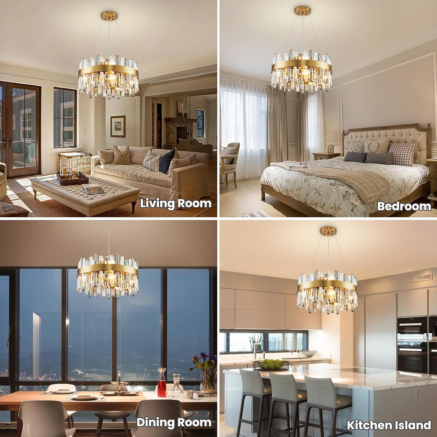 NOXARTE Candelabro redondo de cristal de lujo de 19.7 pulgadas, lámpara colgante moderna con alambre ajustable, lámpara dorada para comedor, sala de