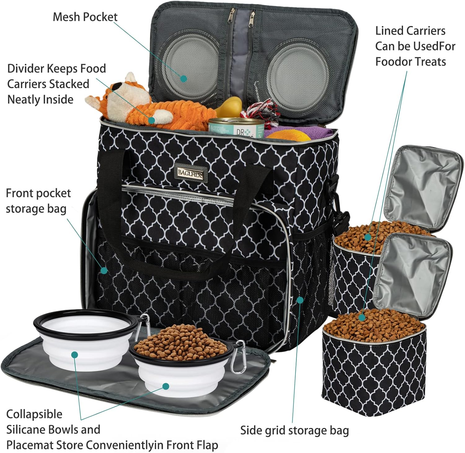 BAGLHER Bolsa de viaje para perros, bolsa de viaje para mascotas (todos los suministros de viaje para mascotas), con 2 recipientes de comida para