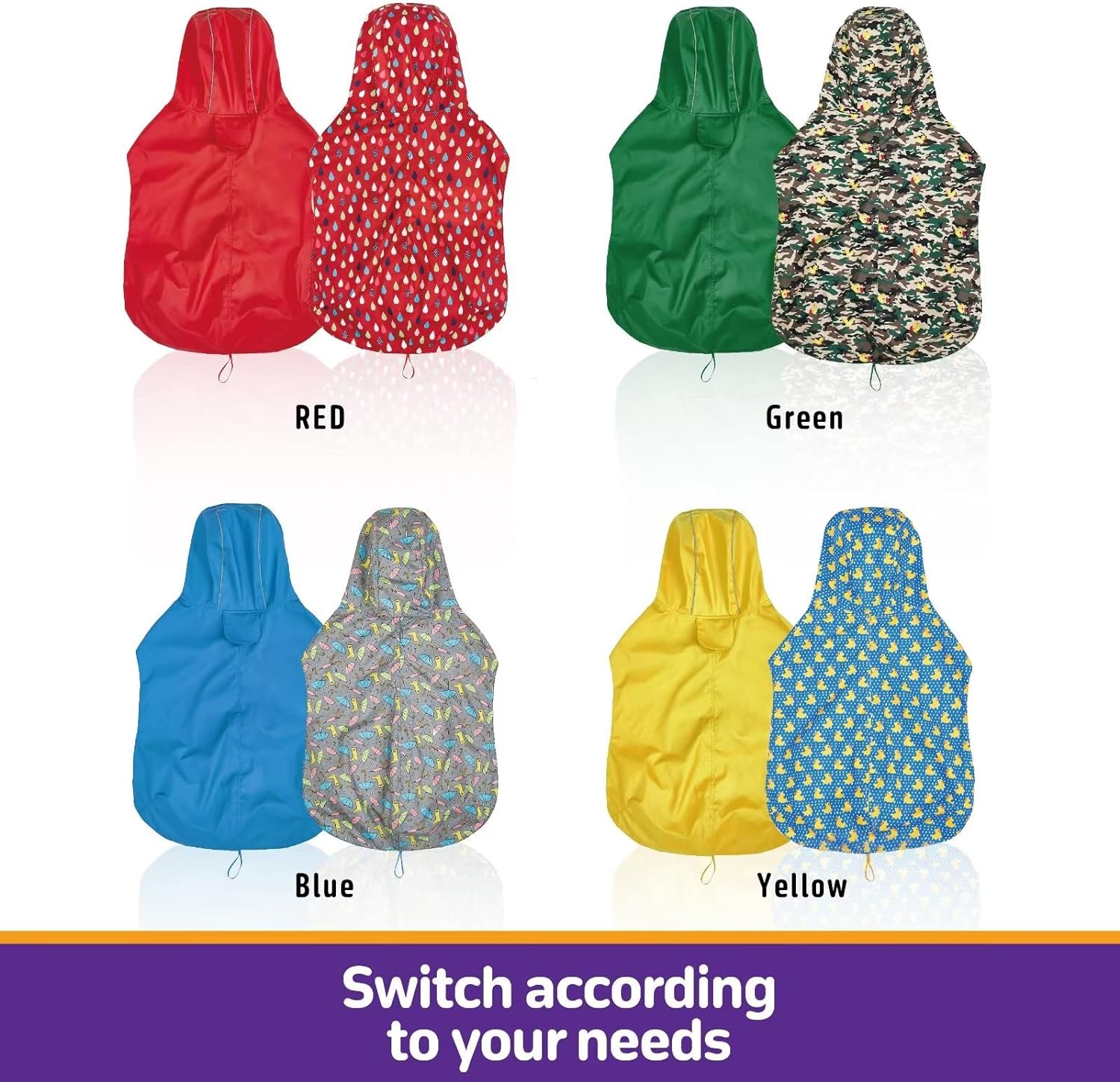 Kimee Impermeable para perro reversible, poncho deslizante de un solo lado, ajustable, impermeable, con agujero para la correarayas reflectantes con
