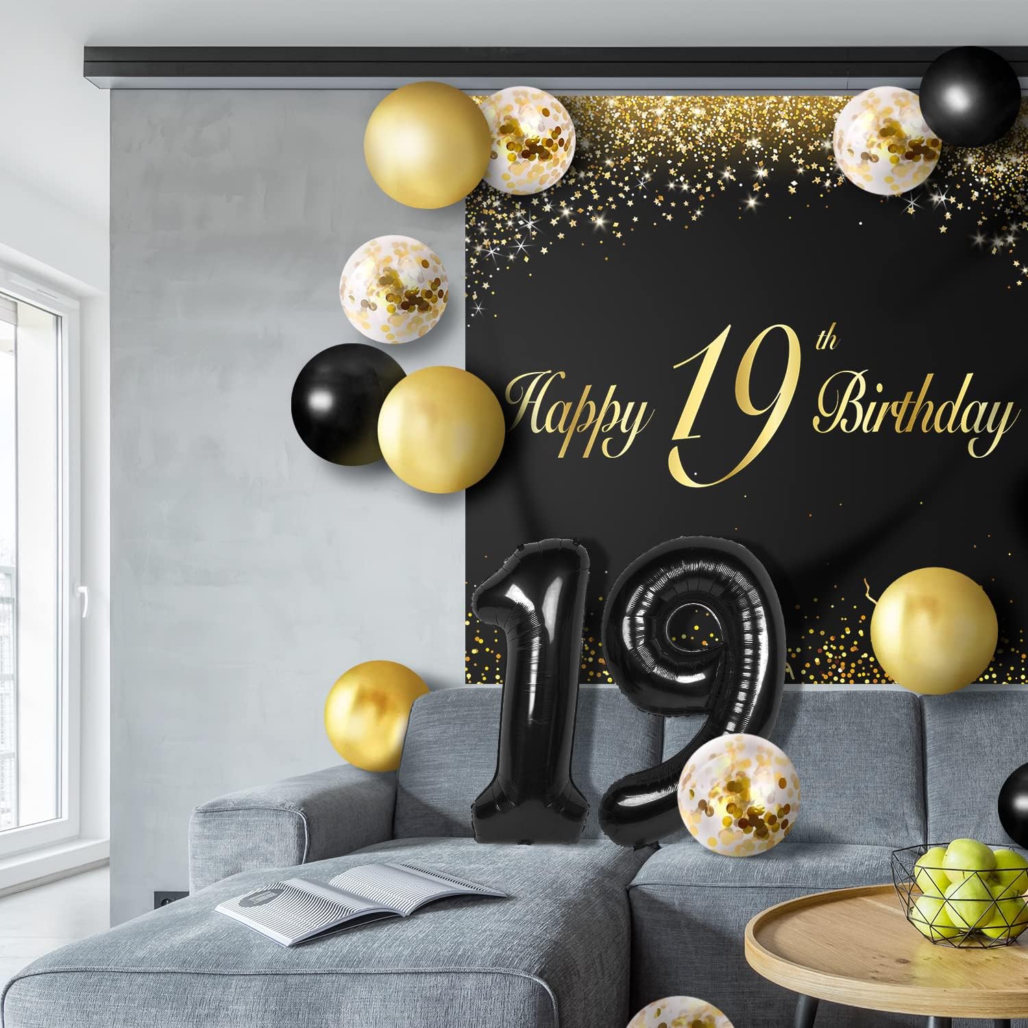 Juego de globos negros de feliz cumpleaños 19  Saludos a los 19 años de edad, decoración de telón de fondo para mujeres y hombres