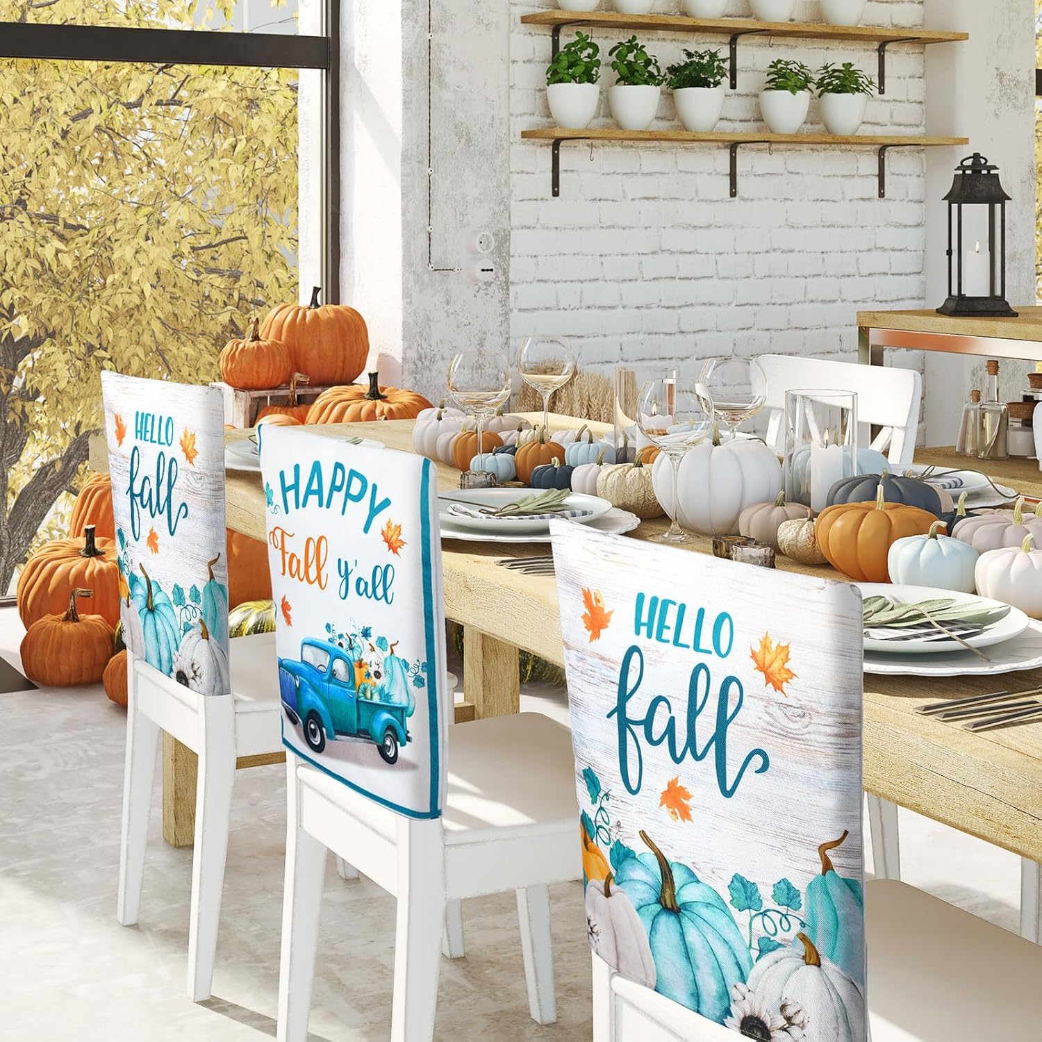 Blulu 4 fundas protectoras para sillas de comedor de Acción de Gracias, calabazas blancas y azules, gnomo, decoraciones de otoño, fundas de asiento