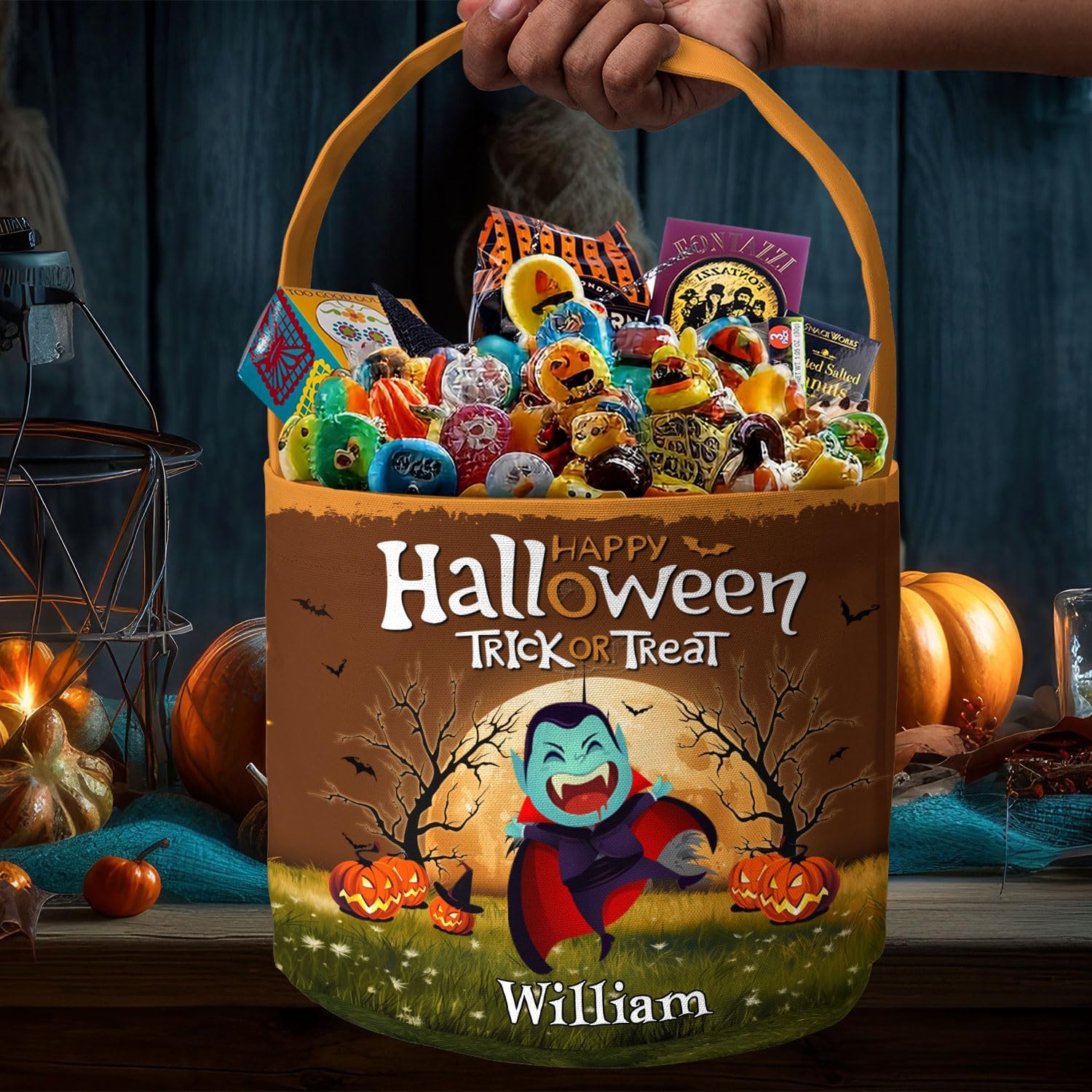 Macorner Cubo espeluznante personalizado de Halloween, regalos de Halloween para niños, cubo de caramelo con patrón de calabaza, bolsas de mano para