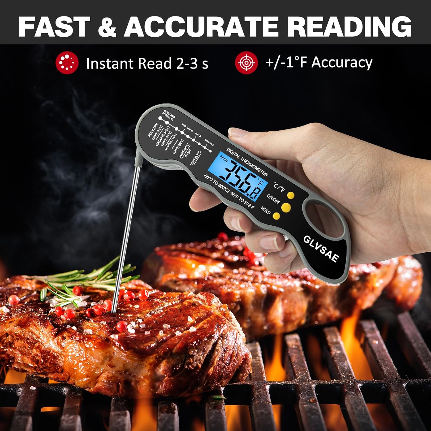 Termómetro digital impermeable para carne de lectura instantánea con sonda plegable de 4.6 pulgadas, retroiluminación y función de calibración para