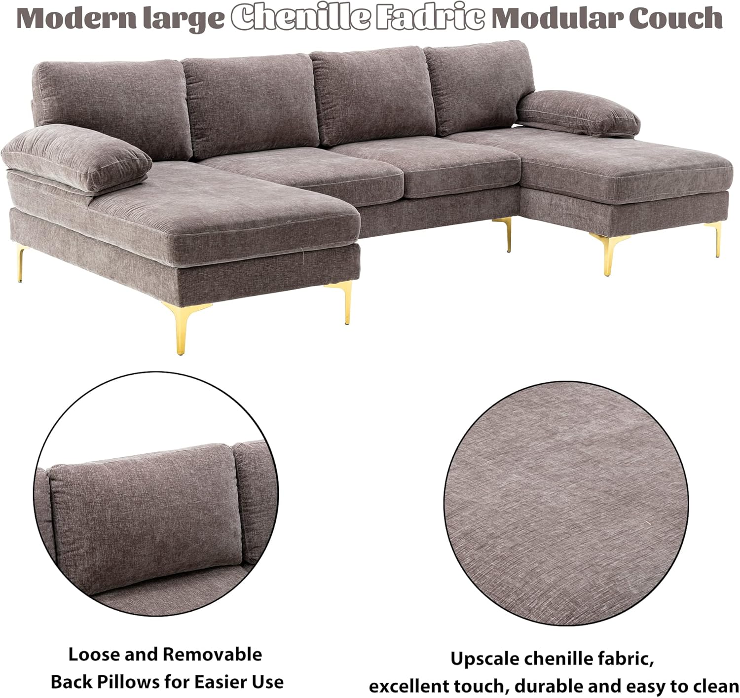 Olela Sofá modular en forma de U, moderno sofá modular de tela de chenilla grande, sofá extra ancho con diván y patas doradas para sala de estar