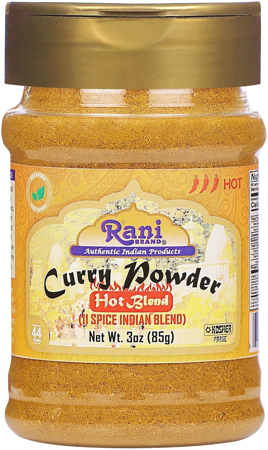 Rani Curry en polvo caliente (mezcla india auténtica de 11 especias) Tarro PET de 3 onzas (3.00oz)  Todo natural  Sin sal  Vegano  Sin colores  Apto