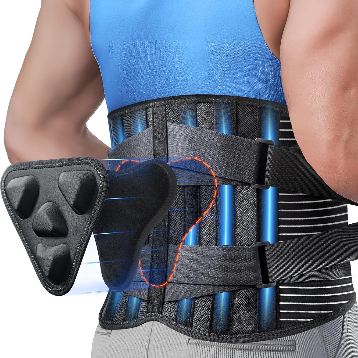 Soporte de espalda para aliviar el dolor de espalda baja con almohadilla lumbar 3D, cinturón de apoyo de espalda 6X con tiras alternativas para