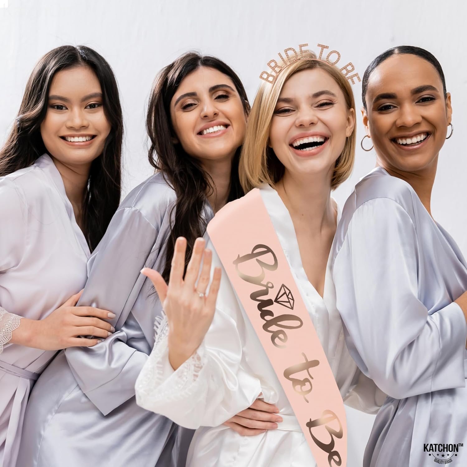 KatchOn, Banda y diadema de oro rosa para novia, paquete de 2, diadema de fiesta de novia para decoraciones de despedida de soltera, banda de