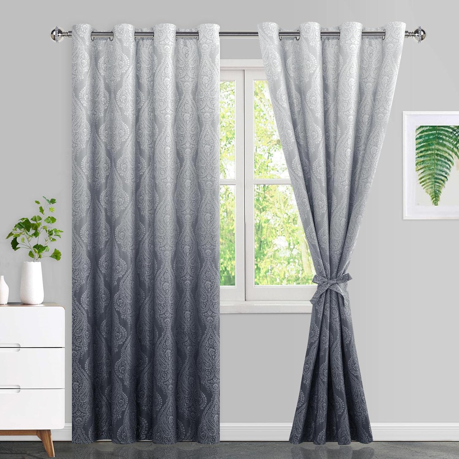 JIUZHEN Cortinas opacas grises degradadas para dormitorio, estampado de damasco, aislamiento térmico, reducción de ruido, cortinas con ojales y