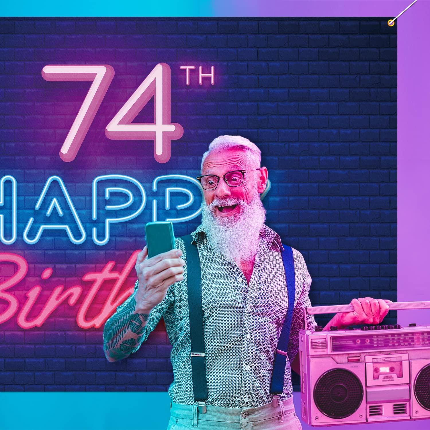 Cartel de fondo de neón brillante con texto en inglés “Happy 74th Birthday”, decoración temática de fiesta de cumpleaños de 74 años para hombres y