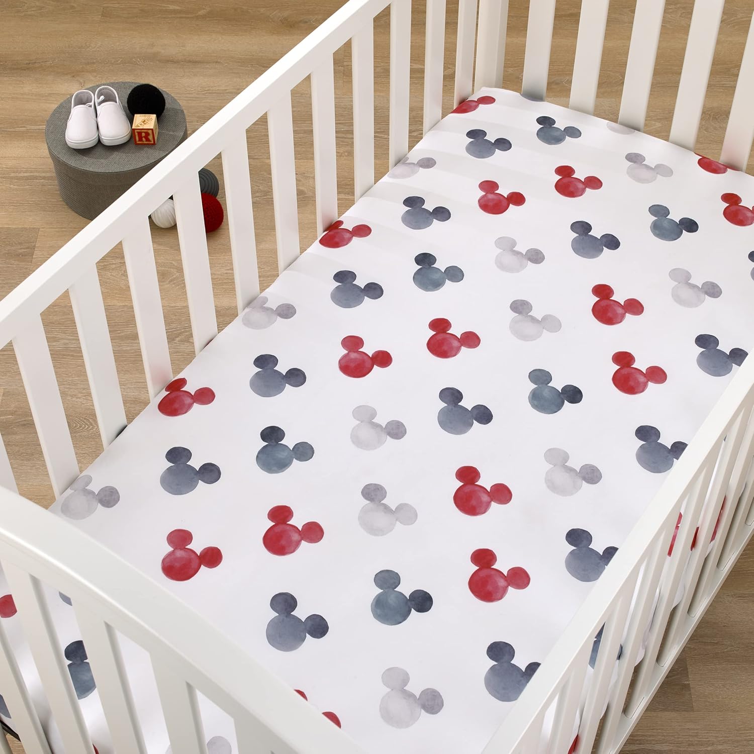 Disney Mickey Mouse – Sábana bajera ajustable para cuna, color negro, blanco, gris y rojo