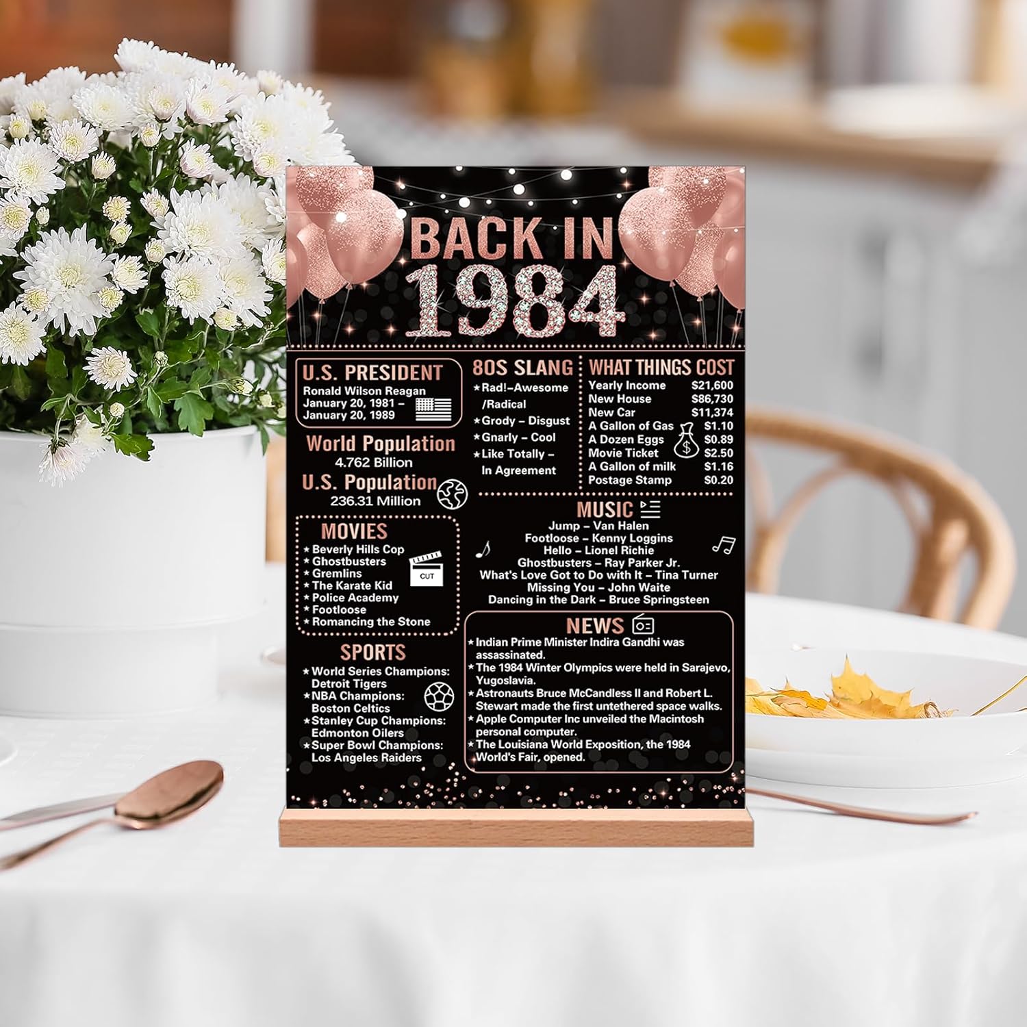 Trgowaul Decoraciones de aniversario de 40 cumpleaños para mujer, póster de cumpleaños de color oro rosa en 1984, letrero de mesa acrílico con