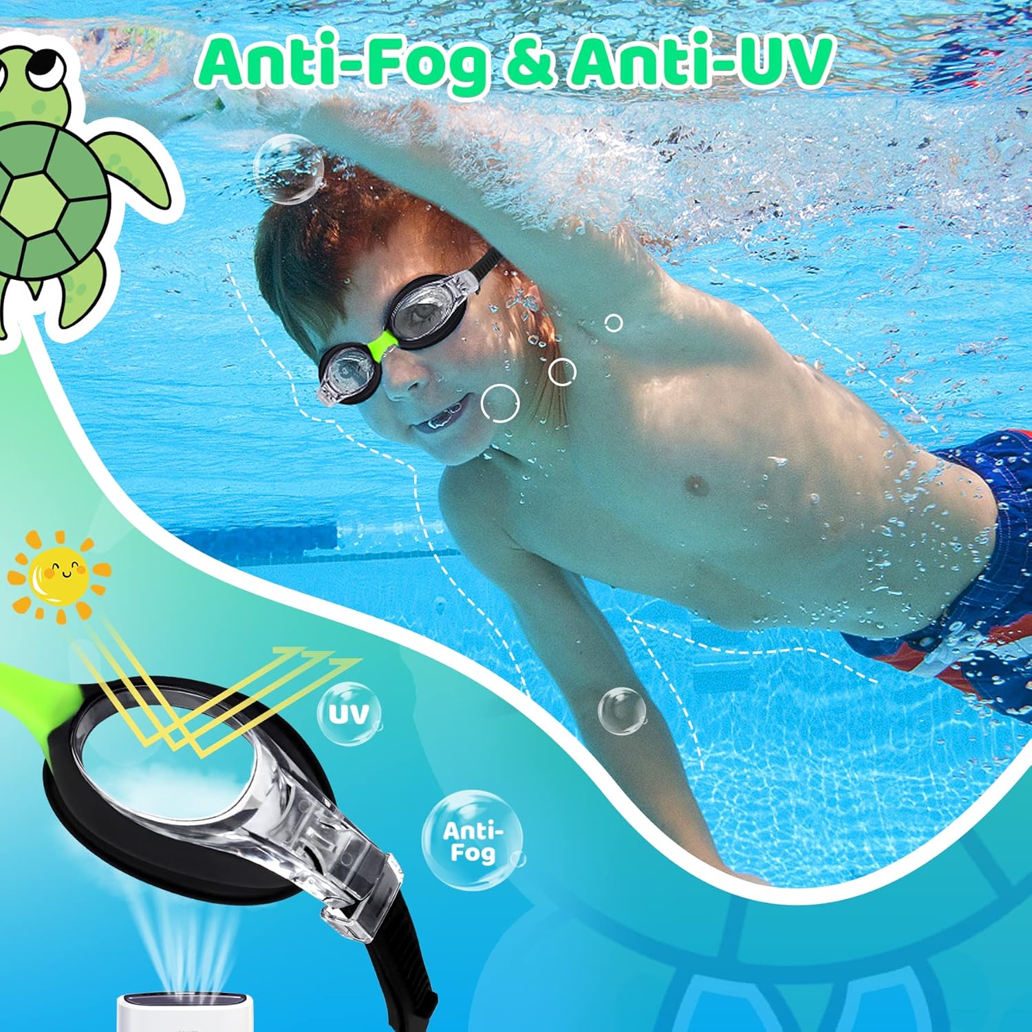 Vvinca Gafas de natación para niños de 2 a 8 años, con correa de tela, sin fugas, sin dolor, antivaho para niñas y niños
