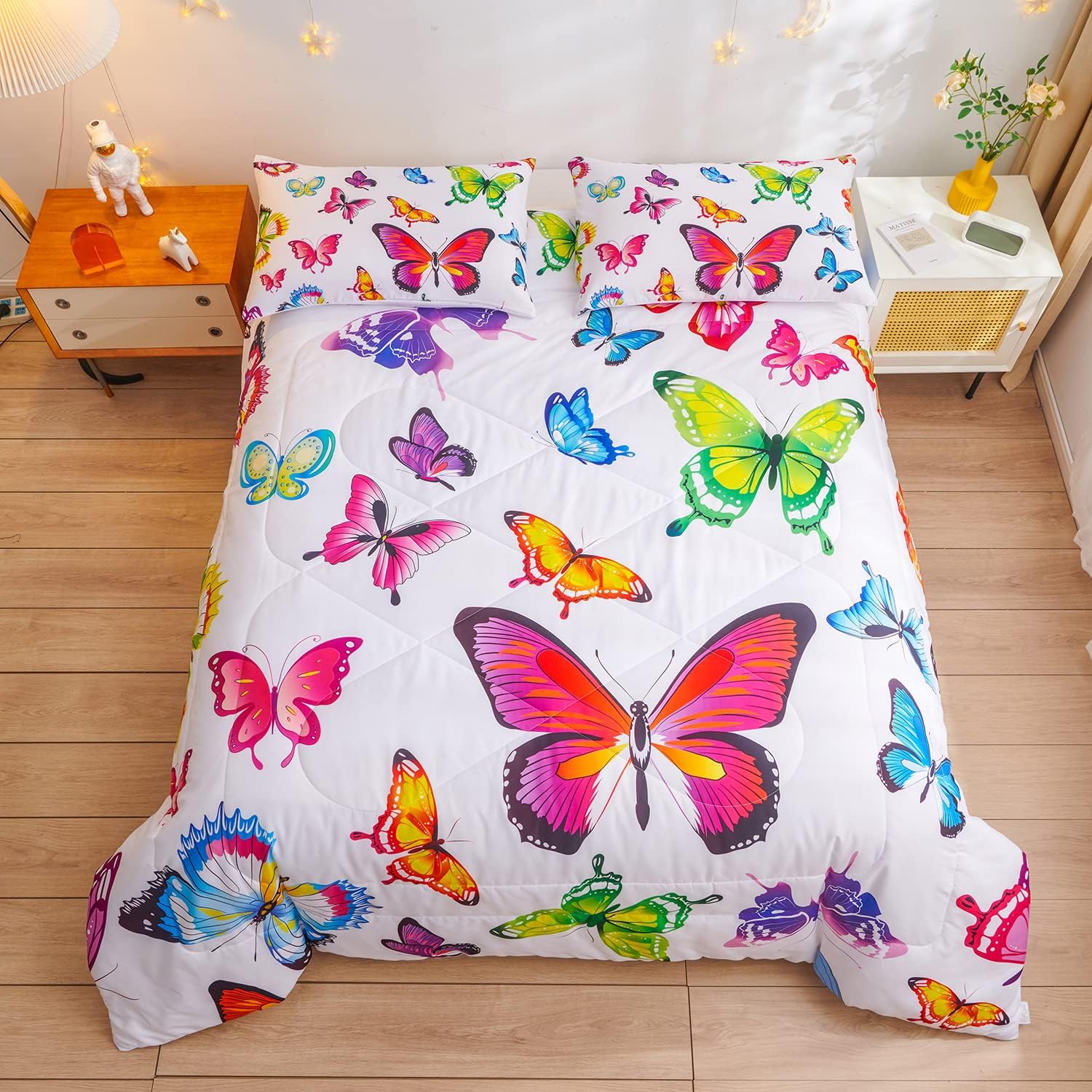 Juego de edredón de mariposa, patrón para niños y niñas, juegos de edredón decorativos con 2 fundas de almohada, tamaño Queen