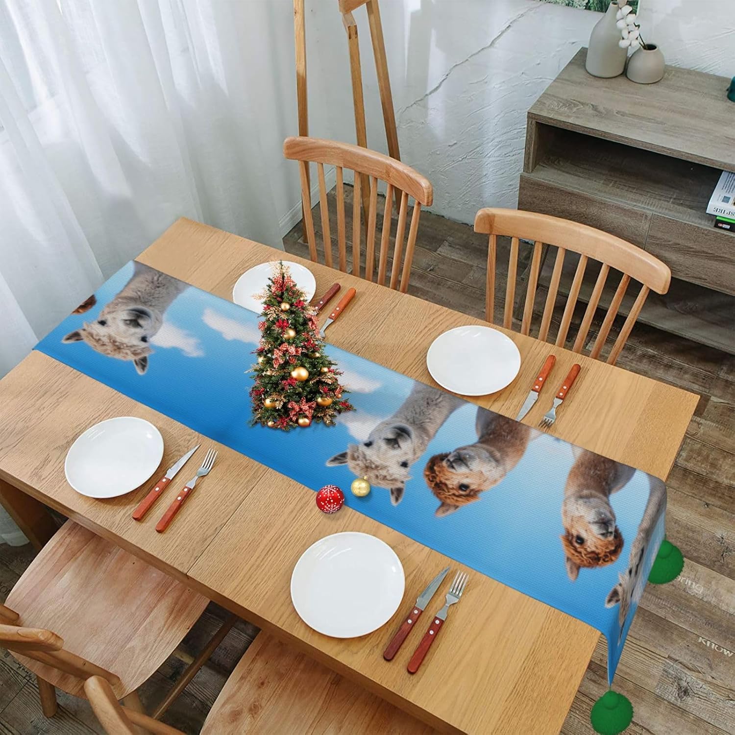 Camino de mesa navideño de dos Alpacas, decoración de mesa de comedor, decoración de Navidad, decoración de interiores del hogar, caminos de mesa de