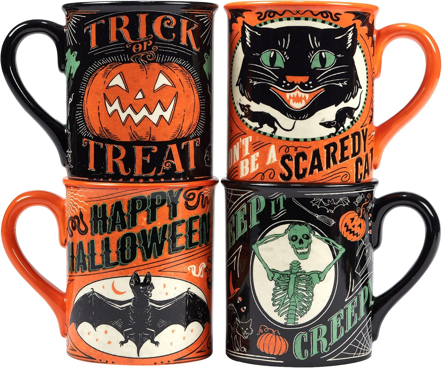 Certified International Scaredy Cat – Tazas de 18 onzas, juego de 4 diseños surtidos