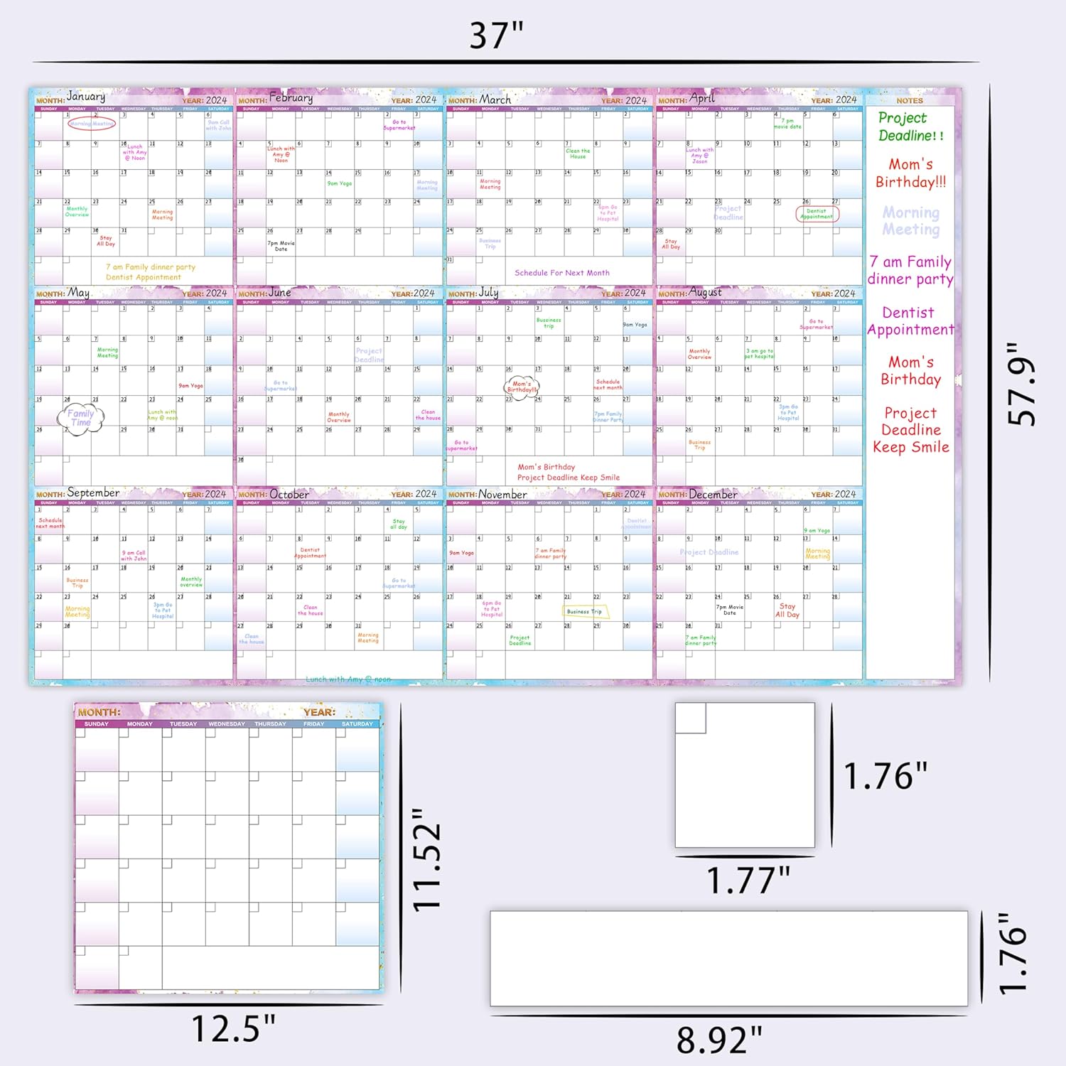 Calendario grande de borrado en seco para pared, calendario anual de pared de borrado en seco, 58 x 37 pulgadas, planificador de calendario en