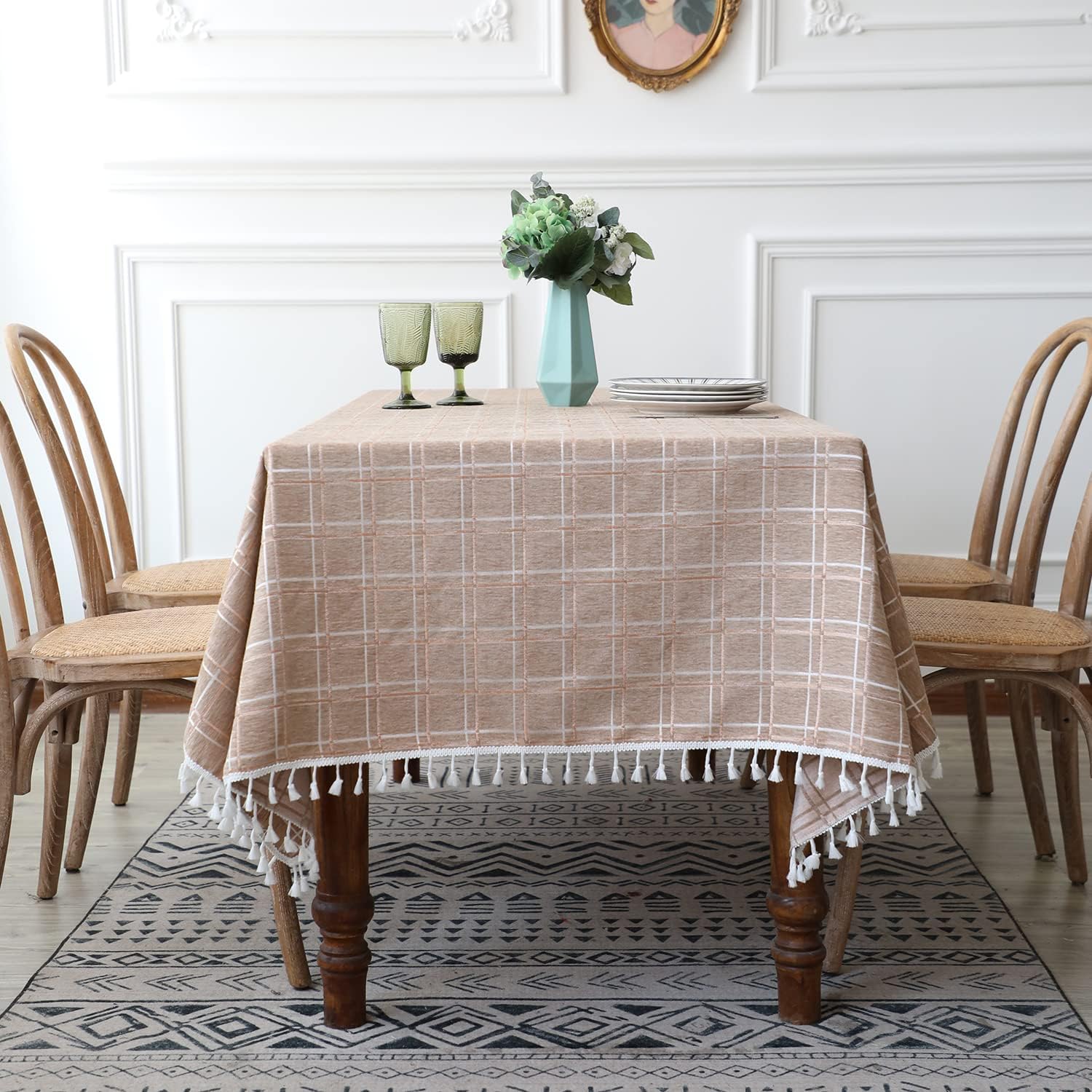 Mantel rectangular de lino de algodón con borlas, impermeable, resistente a las arrugas, tela decorativa, mesa auxiliar, mesa auxiliar, funda de