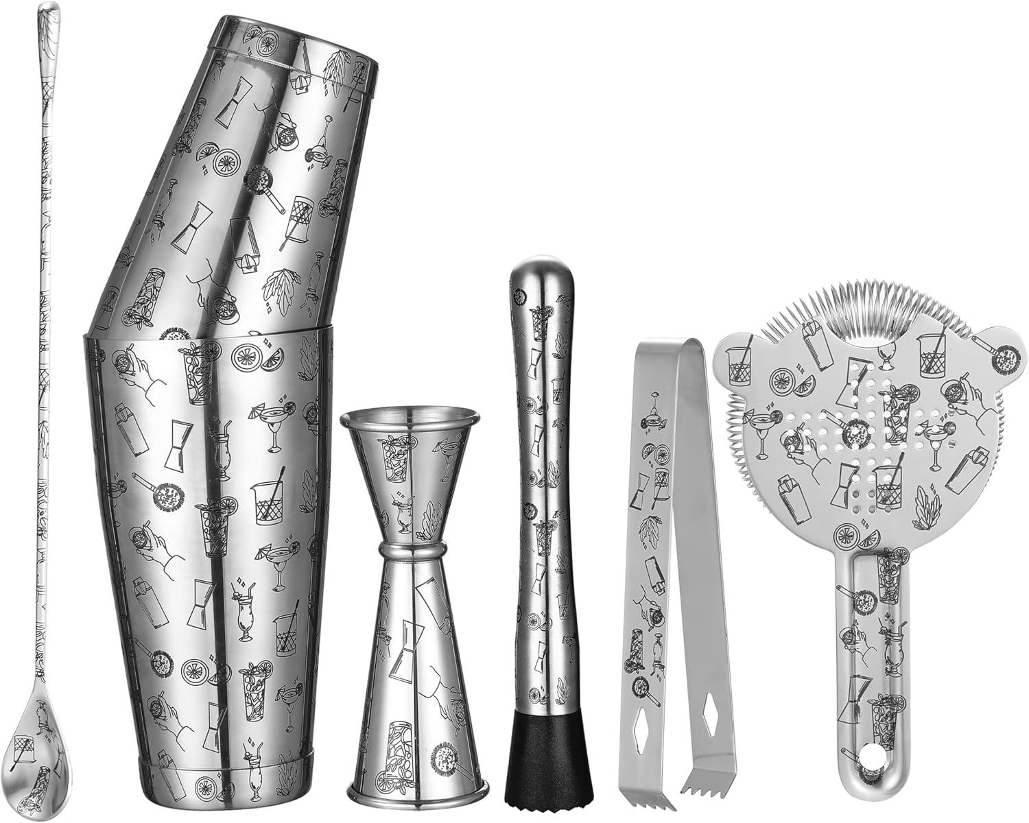 Kit de coctelera grabada, 7 piezas de acero inoxidable con coctelera Boston, cuchara de bar, mezclador de cóctel, doble jigger, colador de cóctel,