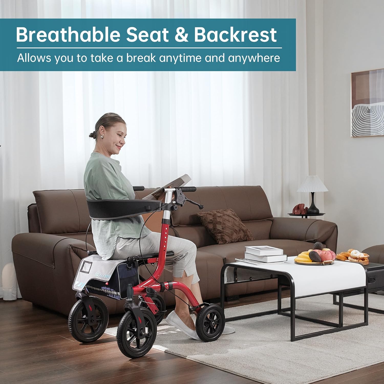 ELENKER Andador todoterreno con asiento, andador con ruedas para exteriores, ruedas delanteras de neumático no neumático de 12 pulgadas, diseño