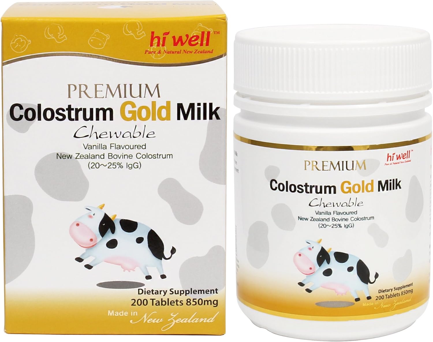 Hi Well Premium New Zealand Bovine Calostrum Gold Milk 200 comprimidos masticables Inmunoglobulina G (Igg) 2025% (Paquete de 3)