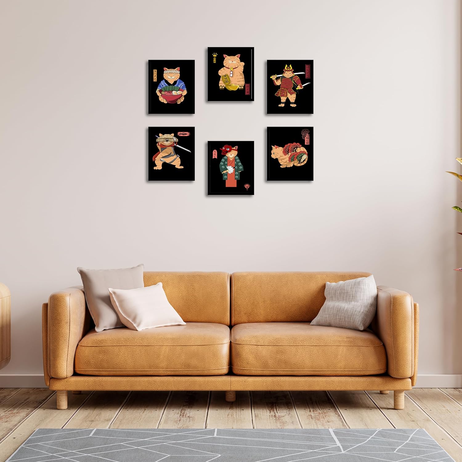 Samurai – Juego de 6 pósteres de gato japonés, decoración de pared de bushido japonés, pinturas de gato de Kung Fu, fotos divertidas de gato de
