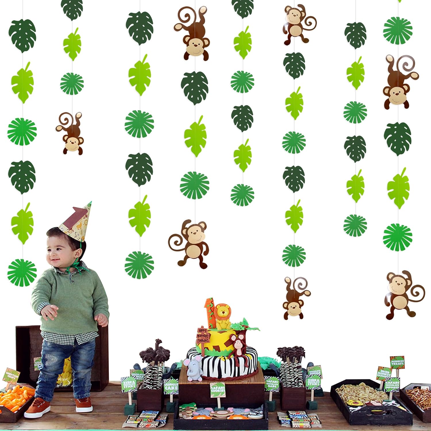 Guirnalda de recortes de hojas de palma de mono, decoración de fiesta de selva, monos, decoraciones de pared colgantes para niños, decoración de