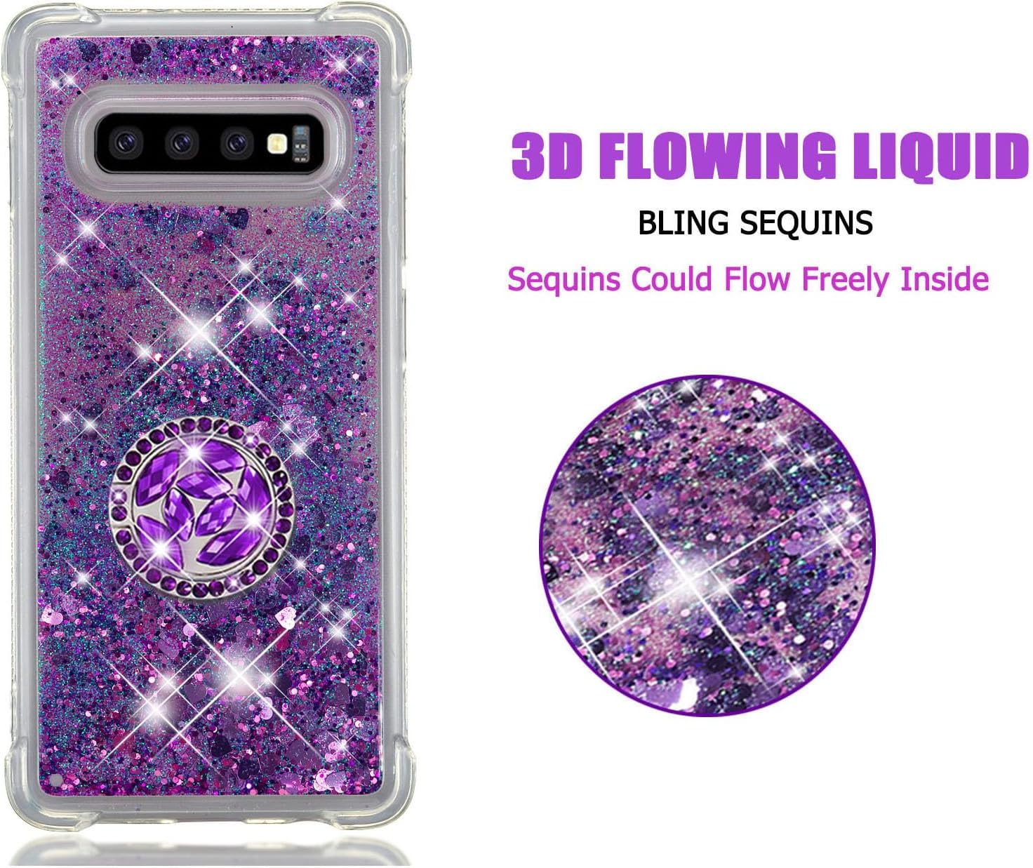 Asuwish Funda de teléfono para Samsung Galaxy S10 con protector de pantalla y soporte para anillo con purpurina líquida transparente, funda